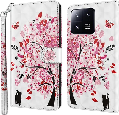 Produktbild von CLM-Tech Hülle kompatibel mit Xiaomi 13 Pro - Tasche aus Kunstleder - Klapphülle mit Ständer und Kartenfächern, Baum rosa weiß