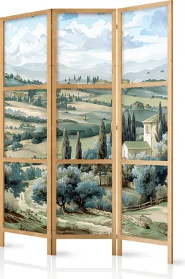 A three-panel room divider with a landscape painting of rolling green hills, cypress trees, and a Tuscan villa.