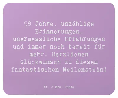 Produktbild von Mr. & Mrs. Panda Mauspad Spruch 98. Geburtstag - Lavendeltraum - Geschenk, Herzlichen Glückwunsch, Geburtstagsgeschenk, Alter, pc, mousematte, Ehrentag 98 Jahre, laptop