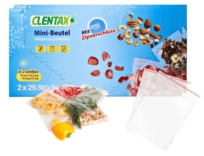Produktbild von CLENTAX Haushaltsbeutel Mini Beutel 50 Stk (2 x 25 Stk) in 2 Größen - Wiederverschließbarer Zippverschluss - Lebensmittelecht