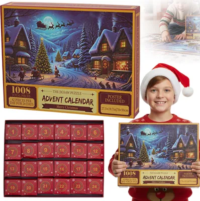 A collage of images showing a Christmas-themed advent calendar puzzle, a child wearing a Santa hat, and a close-up of the puzzle box.