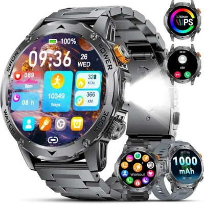 Herren Smartwatch Militär 1,75" HD Touchscreen, 1000 mAh Akku, LED-Licht, 110+ Sportmodi, Herz- & Schlaftracking, IP68 Wasserdicht für iOS/Android