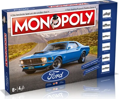The image shows the front of a Monopoly Ford Edition board game box, featuring a blue Ford Mustang on a scenic road.