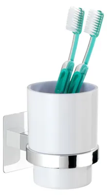 Obrázok produktu pre WENKO Turbo-Loc® pohárik na zubné kefky Quadro, nástenný držiak bez vŕtania, plastový pohárik v bielej farbe, odnímateľný, 7 x 10 x 9,5 cm, špeciálna lepiaca podložka