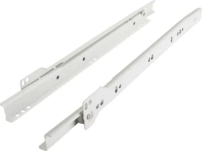 Two white metal drawer slides are shown against a white background.