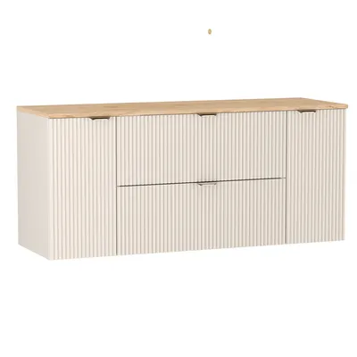 A white and wood vanity cabinet with fluted fronts and metal handles.