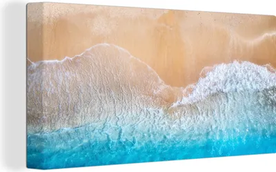 Produktbild von OneMillionCanvasses® - Leinwandbilder - Bild auf Leinwand Wandbild Leinwandbild Strand - Meer - Sand - Sommer - Blau - Wellen, 80x40 cm, Kunstdruck Wandkunst Gemälde auf Holzrahmen  - Bilder auf Leinwand
