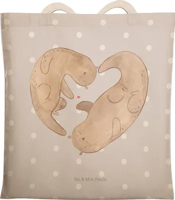 Produktbild von Mr. & Mrs. Panda Tote Bag Otter Herz - Grau Pastell - Geschenk, Einkaufstasche, Liebe, Tasche, Love You, taschen shopper, Stoffbeutel, Beutel
