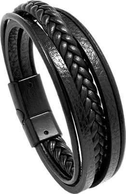 Produktbild von Geflochtenes Lederarmband Herren, Premium Lederarmband für Herren in schwarz Mehrschichtiges Manschettenarmband mit Magnetschnalle aus Edelstahl Geschenke Schmuck