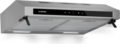 A stainless steel range hood is shown against a white background.