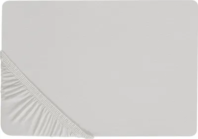 A light gray fitted sheet is shown flat on a light gray background, with the elasticized corner visible.