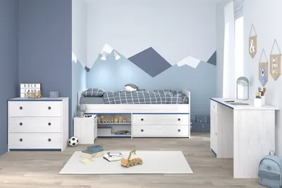 Produktbild von Jugendzimmer-Set >Smoozy 37< (3-teilig) Kleiderschrank, Schreibtisch, Bett, in Kiefer Weiß Nachbildung