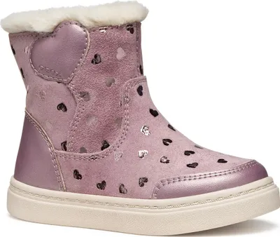 A single pink boot with heart patterns and white fur trim.