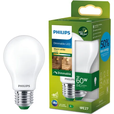 Obrázek produktu pro Philips Matná žárovka s tradičním vzhledem 60 W A60 E27, 4 W, 60 W, E27, 840 lm, 50000 h