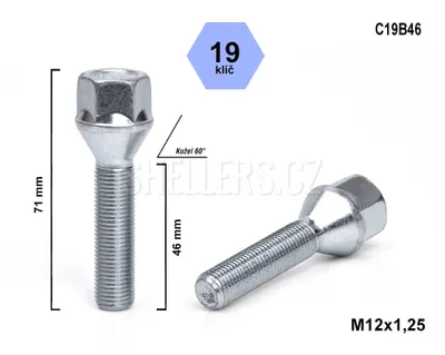 Obrázok produktu pre Skrutka kolesa M12x1,25x46 s kužeľom, kľúč 19, C19B46, výška 71 mm