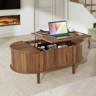 Produktbild von Merax Ovaler Couchtisch aus MDF mit Massivholzbeine, höhenverstellbare Wohnzimmertisch, Sofatisch mit Stauraum und Klappdeckel, Vintage Nussbaum