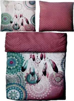 A bedding set including a duvet cover and pillowcases, laid out flat against a white background.