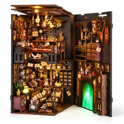 Imagen del producto de THAR Book Nook: "La Casa de la Magia" – Kit de bricolaje de madera con iluminación LED, un mundo en miniatura mágico para estanterías, 347 piezas