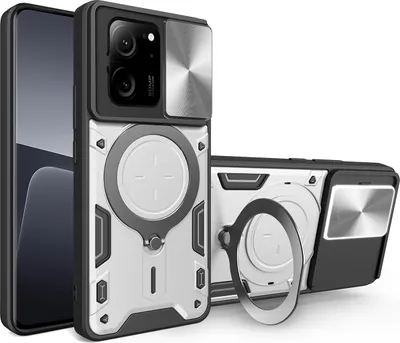 Produktbild von Handyhülle für Xiaomi 13T /13T Pro /Redmi K60 Ultra Dual-Layer Stoßfest Rüstung Hülle mit Dia Kameraschutz und Kreisförmig Ring Ständer Silber