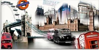 Produktbild von ARTland Glasbild London Skyline Abstrakte Collage I Größe: 60x30 cm
