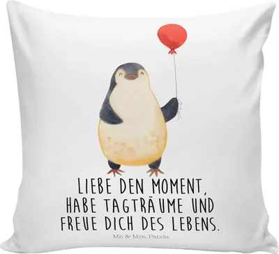 Produktbild von Mr. & Mrs. Panda wohnzimmer kissen Pinguin Luftballon - Weiß - Geschenk, 40x40, Kuschel, Geschenkidee, kuschelkissen, zier, Sofakissen, Deko, Glück