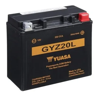 A black Yuasa GYZ20L Powersports AGM battery is shown against a white background.