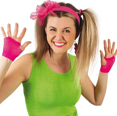 80er Neon-Set 5-tlg. pink Haarreif Handschuhe & Ohrringe für Damen Kostüm-Zubehör Fasching Karneval Mottoparty Accessoires
