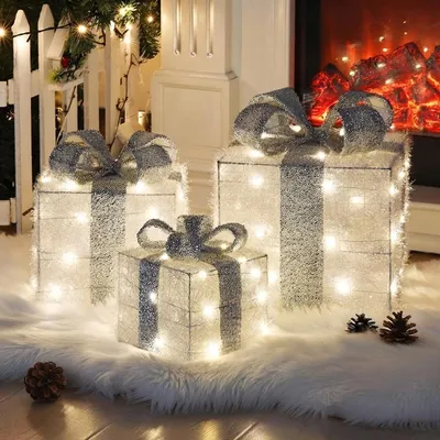 Obrázok produktu pre Sada 3 LED darčekových krabíc, strieborná, s osvetlením, 140 LED diód, 8 režimov, časovač, dekoratívne