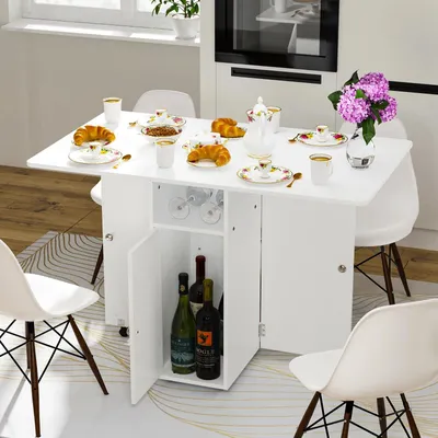Produktbild von 2-in-1 Esstisch mit Stauraum - Klappbarer Küchentisch auf Rollen - Mobil - Rechteckig - Mit Ablagefächern - Für Küche, Wohnzimmer und Terrasse - Weiß
