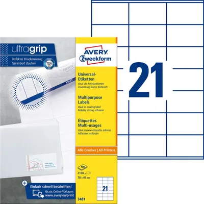 Image de Avery - Mehrzwecketiketten - weiß - 70 x 41 mm 2100 Etikett(en) (100 Bogen x 21) (3481)