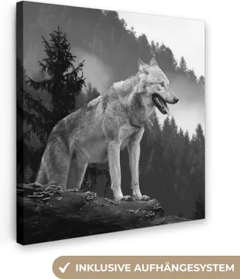 Zdjęcie produktu dla MuchoWow® - Obraz na płótnie - Wilk - Las - Czarny - Biały, fototapeta, dekoracja ścienna, obrazy do salonu, 90x90cm