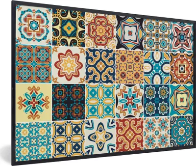 Produktbild von MuchoWow® Gerahmtes Poster Blumen - Vintage - Muster - Blau - Orange 30x20 cm - Poster mit Schwarzem Bilderrahmen Wandposter Rahmen Foto Bilder - Kunstdruck - Bild-Poster