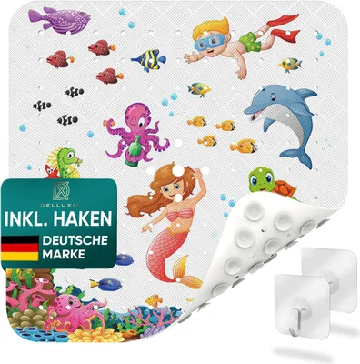 Produktbild von Delluxia Duschmatte Kinder rutschfest inkl. Aufhängung I 53x53 cm I Duscheinlage BPA frei I Antirutschmatte Dusche I Duschmatte schimmelresistent & geruchsfrei