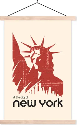 Produktbild von MuchoWow® Textilposter New York - Freiheitsstatue - Rot 60x90 cm mit holzfarbenen Rahmen - Textil