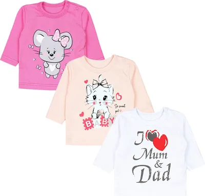 Produktbild von TupTam Uni Baby Langarmshirt mit Spruch Aufdruck 3er Set, Farbe: I love Dad Mum Weiß Katze Aprikose Maus Pink, Größe: 56