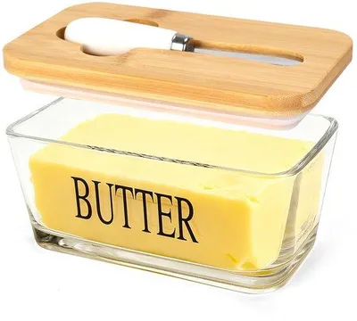 Produktbild von Große Glasbutterdose mit Messer, robuste Holzbutterdose mit Bambusdeckel für Butter aus der Küche.