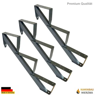 Three dark gray metal stair stringers are arranged diagonally on a white background.