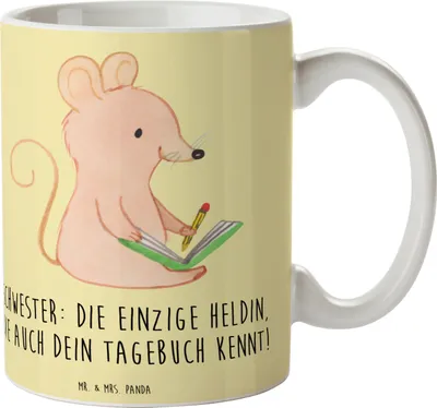 Produktbild von Mr. & Mrs. Panda Tasse Schwester Heldin - Gelb Pastell - Geschenk, Freude, Schwesterbeziehung, haferl, Teetasse, Familienmitglieder, handgemacht, Geschwisterliebe, Becher