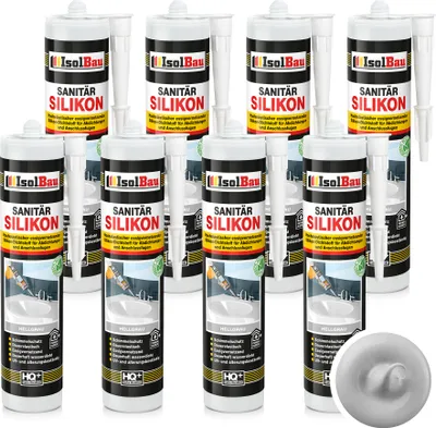 Produktbild von Isolbau Sanitär Silikon 8 x 300 ml Hellgrau - Hochelastischer Silikon-Dichtstoff für Abdichtungen & Fugen – Schimmelresistent, wasserdicht -  Kartusche