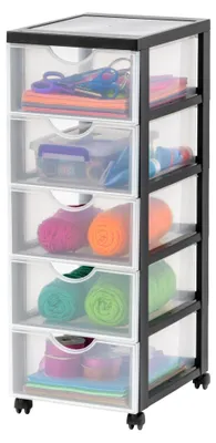 Image de Boîte de rangement en plastique avec tiroirs et roulettes, 5 tiroirs profonds, couleur noire, poignées pour tirer, idéale pour la chambre, la salle de bain, l'école et le bureau, sans BPA, meuble à tiroirs, chariot mobile, tiroir format A4, modèle DDDC-005