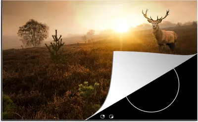Produktbild von KitchenYeah© Herdabdeckplatte Hirsche - Nebel - Sonnenuntergang , 81x52cm, Küche Deko, Glaskeramikkochfeld Herdabdeckung, Abdeckplatte fùr Kochfeld