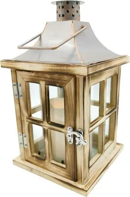 Produktbild von ACA Antike Holzlaterne mit weißer LED-Kerze, batteriebetrieben (3xAAA), warmweiß, Schutzart IP44, 15x15x26cm F06111222