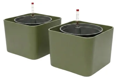 Produktbild von Leni KALEA cube Hydrokultur-Komplettset 2er-Pack 17 cm Würfel Pflanztopf mit Kulturtopf und Wasserstandsanzeiger Kapern dunkelgrün matt wasserdicht selbstbewässernd