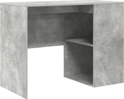 A corner desk with shelves, shown from a three-quarter view against a white background.