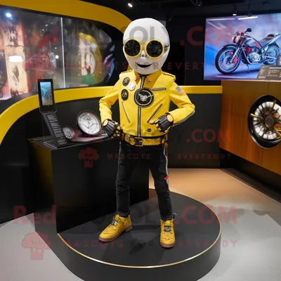 Immagine prodotto di Personaggio del costume della mascotte REDBROKOLY della clessidra gialla vestito con una giacca da motociclista e braccialetti