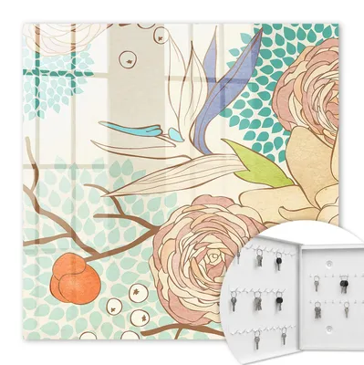 Produktbild von Metall Schlüsselkasten 30 x 30 cm - weißer Schlüsselschrank zur Wandmontage - wandhängende Schlüsselbox mit Tür - nach links öffnend - Schlüsselaufbewahrung für Flur - Büro - Arbeitszimmer - Werkstatt - Garage - Abstrakte Blumen