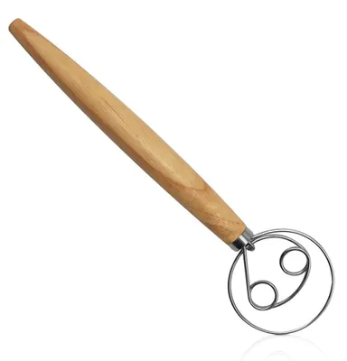 Produktbild von Dänischer Teigbesen - Edelstahl mit Doppelschleife und langem Holzgriff - Zum Mischen von Brot- und Sauerteig - 33 cm Länge