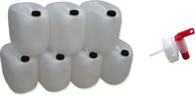 Produktbild von 7 Stück 30 Liter L Kanister Camping & Outdoor Wasserkanister Farbe natur lebensmittelecht dicht + 1 x Hahn (7x30 knn + H.)