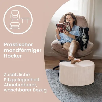 Produktbild von Pouf-Hocker aus Cord, Würfel 54x36x35 cm, cremefarben | Fußhocker, Sitzhocker, vielseitig als Sitzgelegenheit, Beistelltisch und Bodenkissen