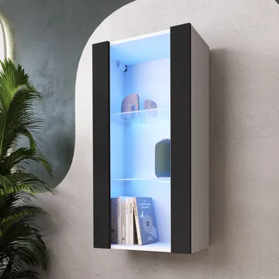 Produktbild von Komodee, Hängende Vitrine Schrank Tivoli, Schwarz/Weiß, Breite 50cm x Höhe 100cm 50cm x Tiefe 29cm, LED Blau, 2 Regalböden, für Wohnzimmer, Schlafzimmer, Eingang